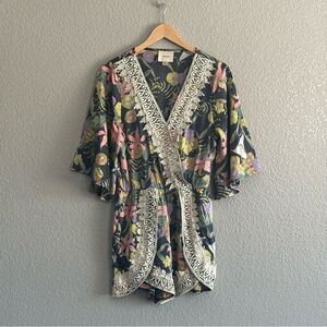 I.Madeline Lulus Romper Midnight Blooms Grey Floral Boho Lace Trim VNeck Medium